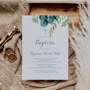 Vintage Grönt Eucalyptus Kalligrafi Baptism Inbjudningar