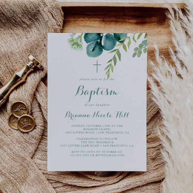 Vintage Grönt Eucalyptus Kalligrafi Baptism Inbjudningar (Skapare uppladdad)