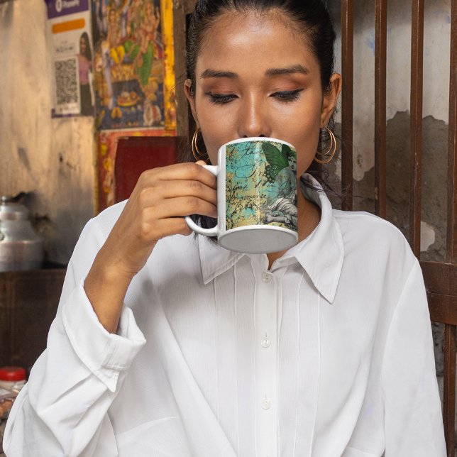 Vintage Grönt Fairy on Aqua Ephemera Kaffemugg (Skapare uppladdad)