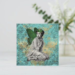 Vintage Grönt Fairy on Aqua Ephemera Kort