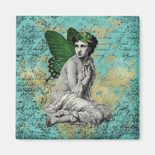Vintage Grönt Fairy on Aqua Ephemera Magnet