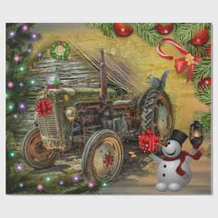 Vintage Grönt Farm Tractor Jul Rustic Barn Presentpapper