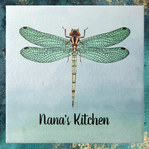 Vintage Grönt Guld Dragonfly på blå vattenfärger Kakelplatta