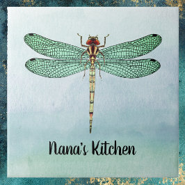 Vintage Grönt Guld Dragonfly på blå vattenfärger Kakelplatta