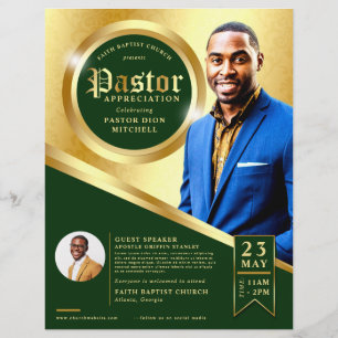 Vintage Grönt & Guld Pastor Apprecision Church Reklamblad