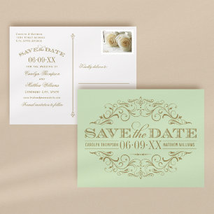 Vintage grönt guld scrollwork Save the Date Meddelande Vykort