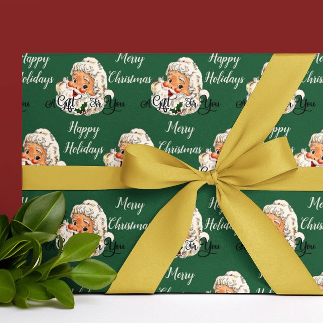 Vintage Grönt Jultomten Ansikte Retro-jul Presentpapper (Vintage Green Santa Claus Face Retro Christmas Wrapping Paper
)