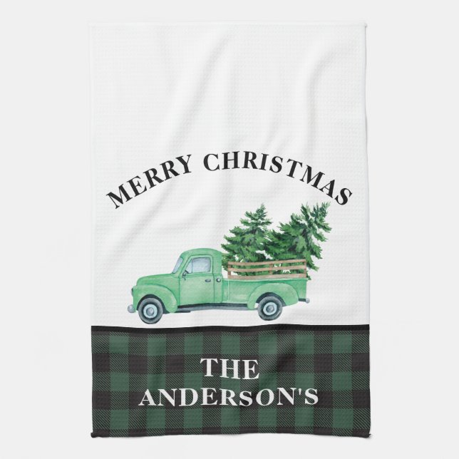 Vintage Grönt Lastbil Julgran Play Farmhouse Kökshandduk (Vertikal)