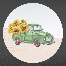 Vintage Grönt Lastbil Solblommor Runt Klistermärke