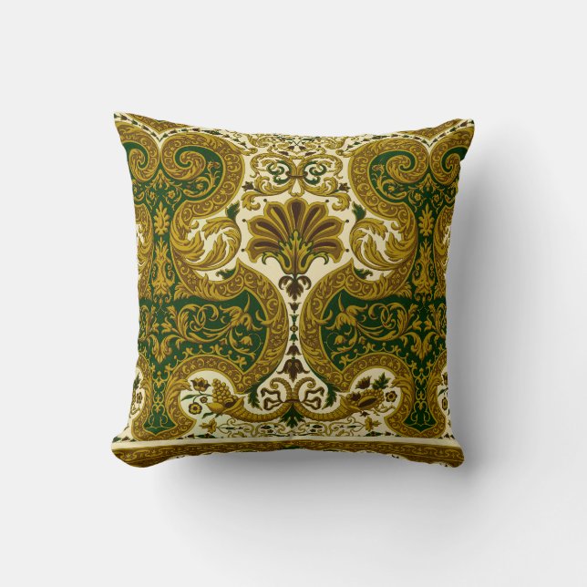 Vintage grönt och guld blommönster kudde (Framsida)