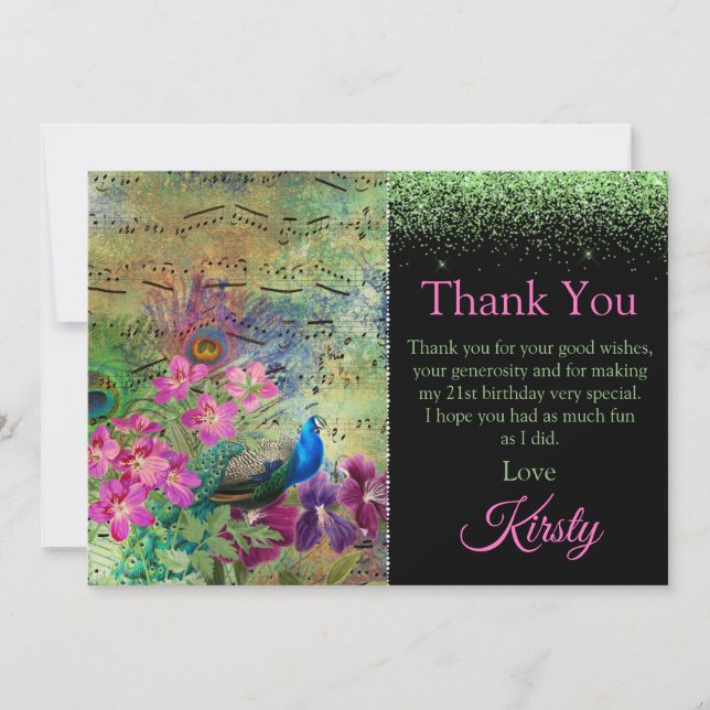 Vintage Grönt och Rosa Fågelfåglars Tack (Framsida)