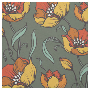 Vintage Grönt Orange Guld Nostalgisk Blommigt Tyg