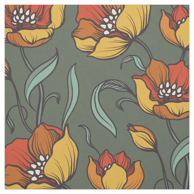 Vintage Grönt Orange Guld Nostalgisk Blommigt Tyg (Provkarta)