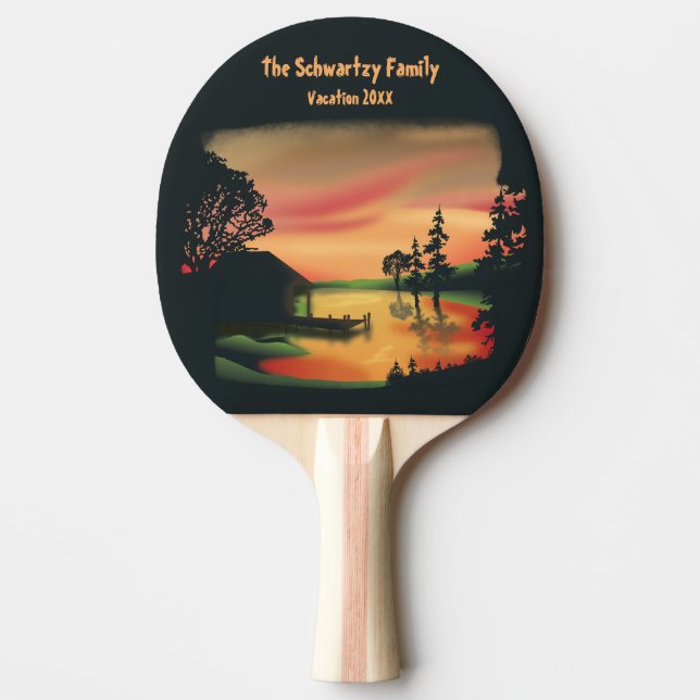 Vintage Grönt Orange Röda landskapet Solnedgång Pingisracket (Framsidan)