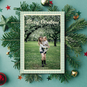 Vintage Grönt Play Gingham Rustic Photo jul Julkort