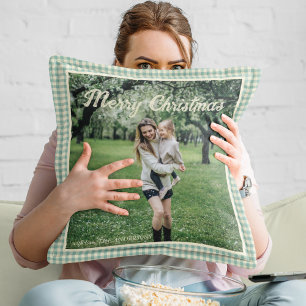 Vintage Grönt Play Gingham Rustic Photo jul Kudde