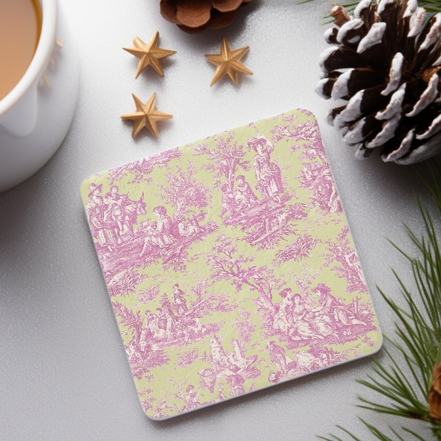 Vintage grönt rosa toile de jouy mönster stenunderlägg (Skapare uppladdad)