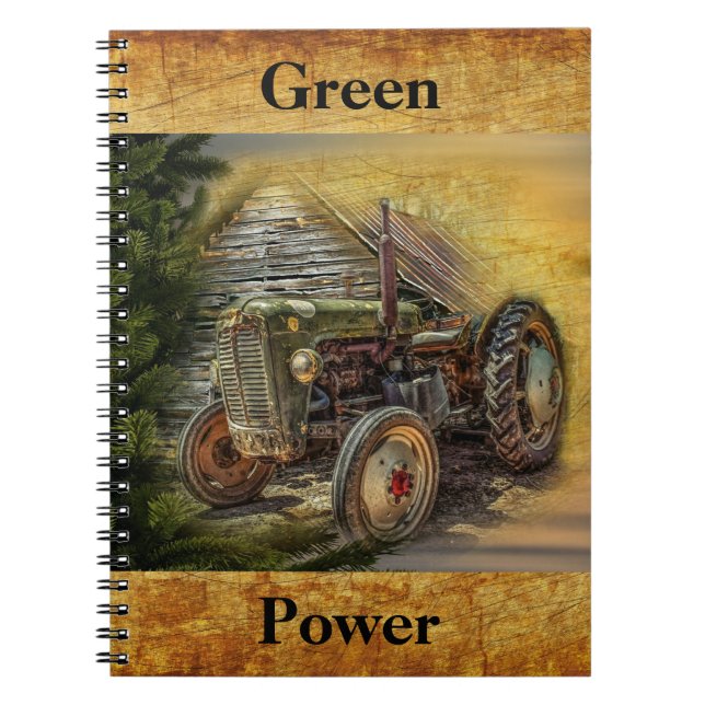 Vintage Grönt Tractor Rustic Old Barn Anteckningsbok (Framsidan)