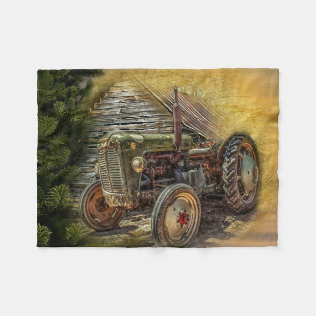 Vintage Grönt Tractor Rustic Old Barn Fleecefilt (Framsidan (Horisontell))
