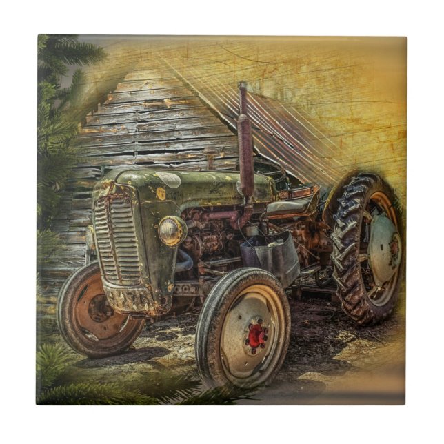 Vintage Grönt Tractor Rustic Old Barn Kakelplatta (Framsidan)