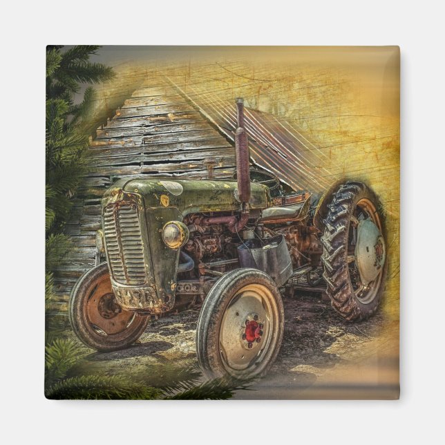 Vintage Grönt Tractor Rustic Old Barn Magnet (Framsidan)