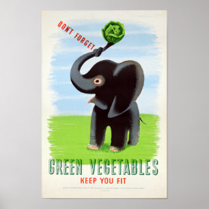 Vintage Grönt Vegetables Health Elephant Poster