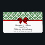 Vintage Grönt WhDamask Red H Vin Flaska-etikett Fraktsedel<br><div class="desc">Romantisk Vintage ser Mörk grönt ut och vit ut, Red Satin look Bow - Bröllop Vin-etikett / Evenemangsetikett Vin / juletikett för Vin, Elegant, chic och snyggt anpassade party-tillbehör med ett mörk grönt och vitt fuktmönster och ett rött satin-utseende. Den här produkten ingår i en uppsättning matchande utformningar som är...</div>