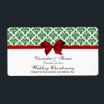 Vintage Grönt WhDamask Red H Vin Flaska-etikett Fraktsedel<br><div class="desc">Romantisk Vintage ser Mörk grönt ut och vit ut, Red Satin look Bow - Bröllop Vin-etikett / Evenemangsetikett Vin / juletikett för Vin, Elegant, chic och snyggt anpassade party-tillbehör med ett mörk grönt och vitt fuktmönster och ett rött satin-utseende. Den här produkten ingår i en uppsättning matchande utformningar som är...</div>