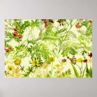 Vintage Grönt Woodland Botanical Löv Wildblomma Poster