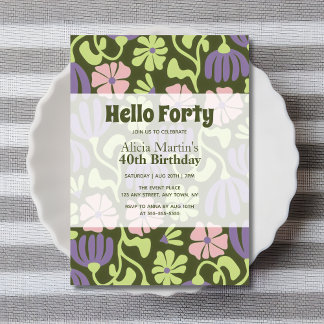 Vintage Groovy Flower Hej 40:e födelsedagen Inbjudningar