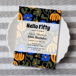 Vintage Groovy Flower Hej Femty Black Birthday Inbjudningar