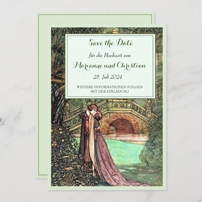 Vintage Gruen und Rosa Hochzeits Einladung Spara Datumet (Fram/baksida)