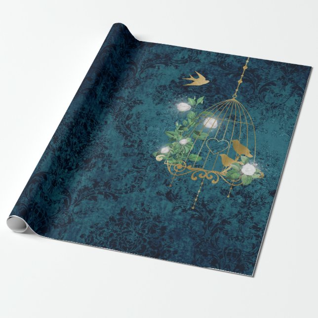 Vintage Grunge Damask Fågelbur Presentpapper (Utrullad)