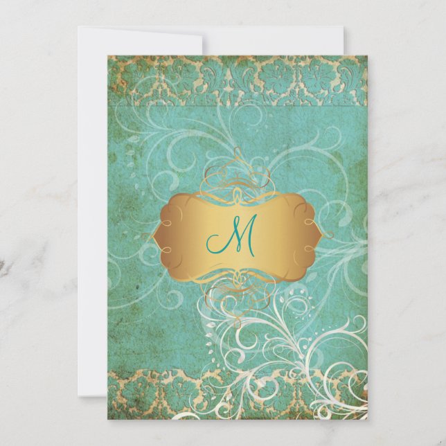 Vintage grunge-damask/monogram bröllopsinbjudninga inbjudningar (Framsida)