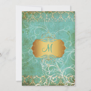 Vintage grunge-damask/monogram bröllopsinbjudninga inbjudningar