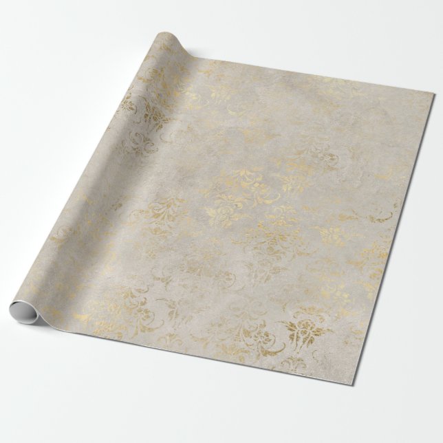 Vintage Grunge Elfenbensdamask Presentpapper (Utrullad)