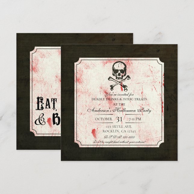 Vintage Grunge Skull Crossbone Bloody Halloween Inbjudningar (Fram/baksida)