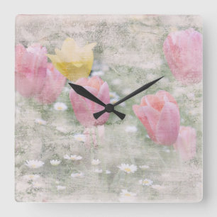 VINTAGE GRUNGE TULIPS FYRKANTIG KLOCKA