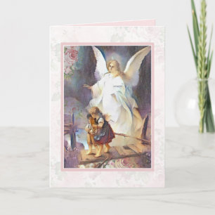 Vintage Guardian Angel Children Rosa ros  Kort