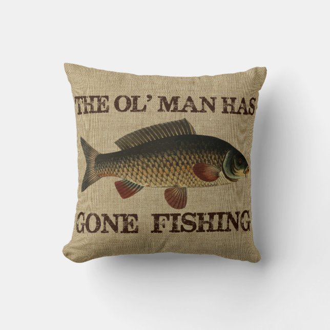 Vintage Gubbe Har Gått På Fiske Kastkudde Kudde (Framsida)