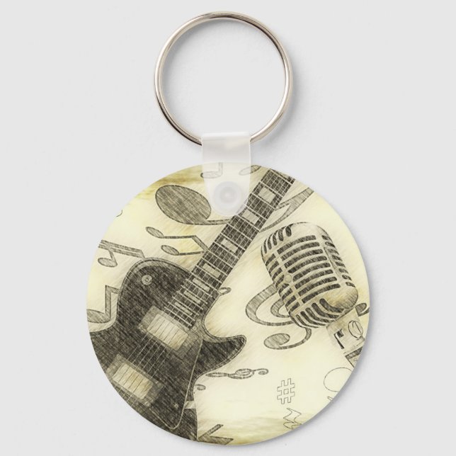 Vintage Guitar och mikrofon Nyckelring (Framsida)