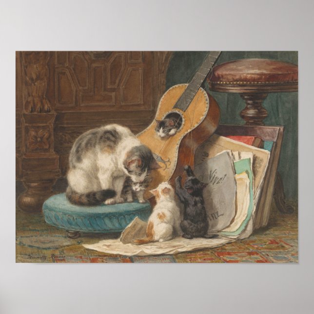 Vintage Guitar Print Cat Kittens Piano Musician Poster (Framsidan)