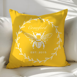 Vintage Gul Honey Bee Lagerlönn Bikakemönogram Kudde