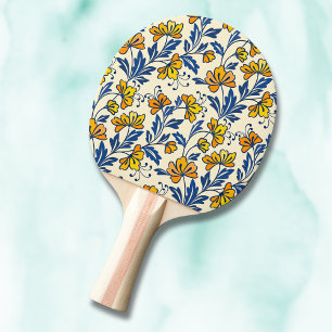 Vintage Gul Orange Folk Blommig Blå Blad Pingisracket
