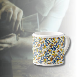 Vintage Gul Orange Folk Floral Blå Blad Espressomugg
