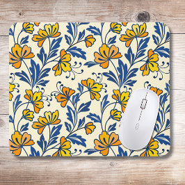 Vintage Gul Orange Folk Floral Blå Blad Musmatta