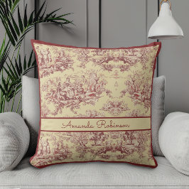 Vintage gul röd Toile de Jouy Monogram Sjön Kudde