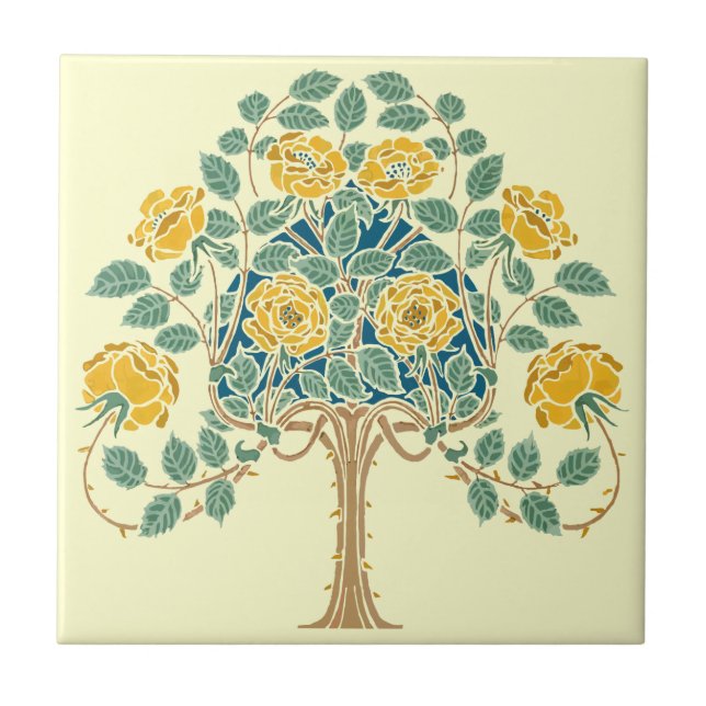 Vintage Gul ros Bush 1909 Kakelplatta (Framsidan)