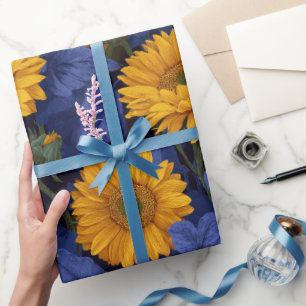 Vintage gul solros blå blommönster presentpapper