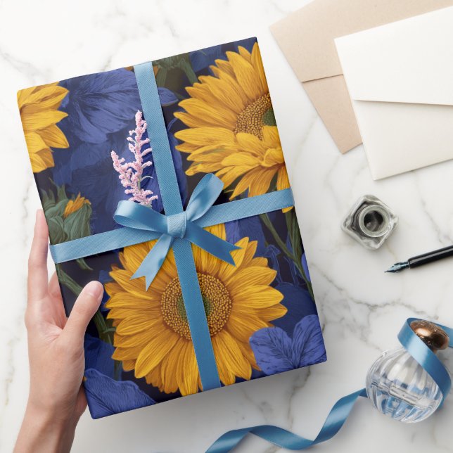 Vintage gul solros blå blommönster presentpapper (Gifting)